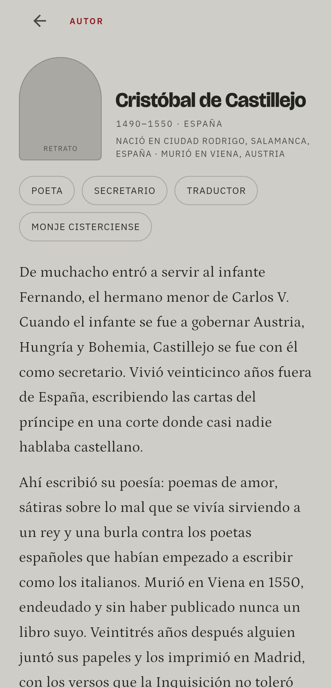 La ficha de un autor en Poetario: nombre, años de nacimiento y muerte, los oficios que tuvo y una semblanza escrita.