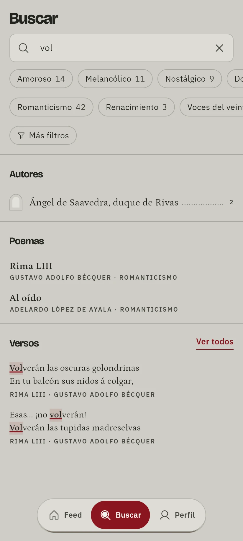 Buscar en Poetario: el campo de búsqueda, fichas de tono y de época, y resultados con autores, poemas y versos resaltados.