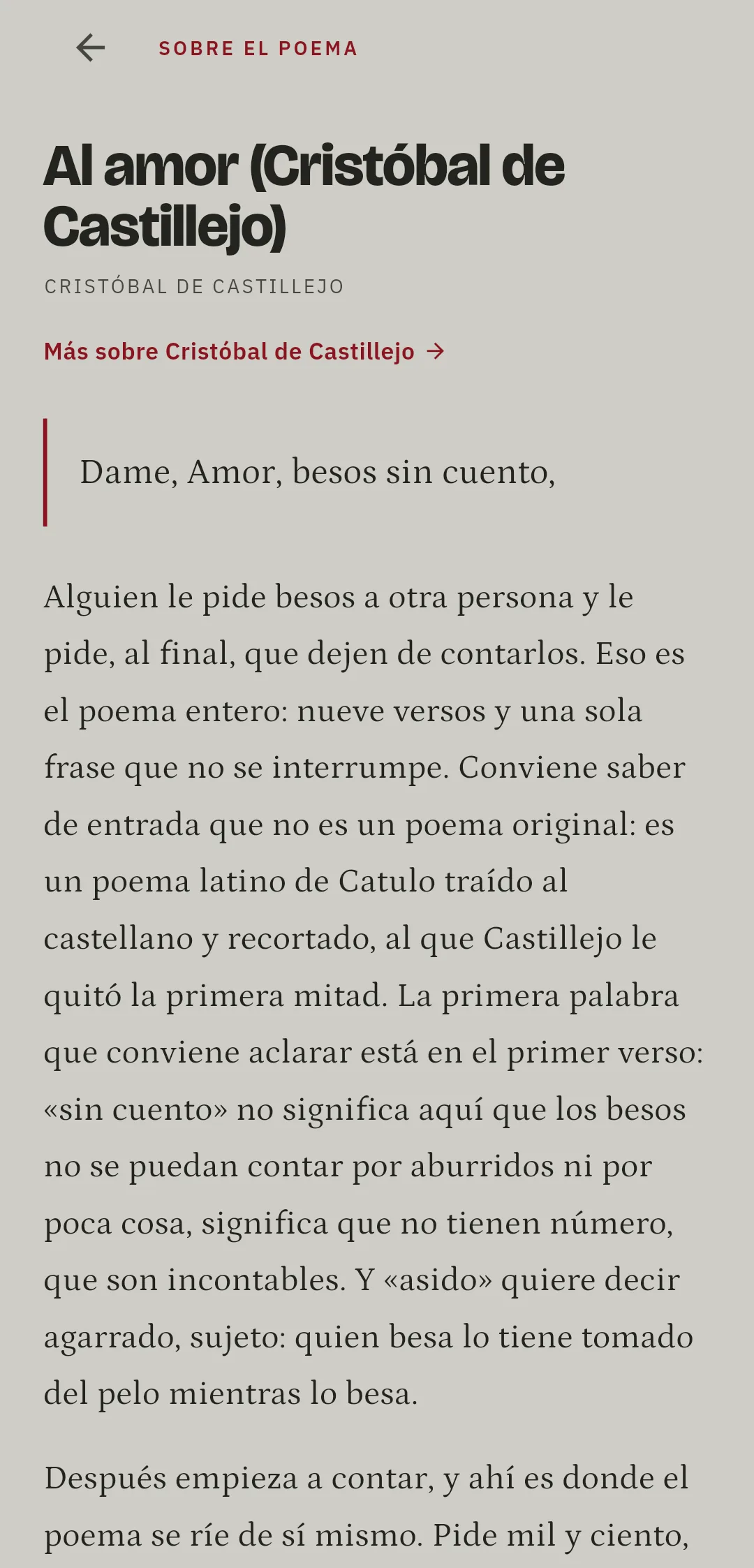 La pantalla de contexto de un poema en Poetario, con una explicación escrita de qué dice el poema y de dónde viene.