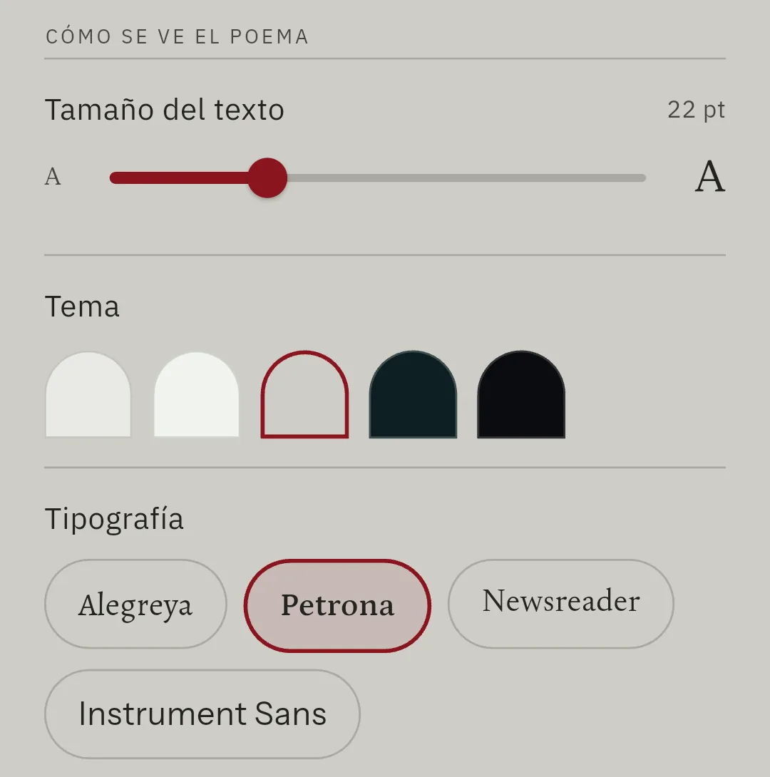 Los ajustes de lectura de Poetario: el tamaño del texto, los cinco temas dibujados como arcos, y las cuatro tipografías.